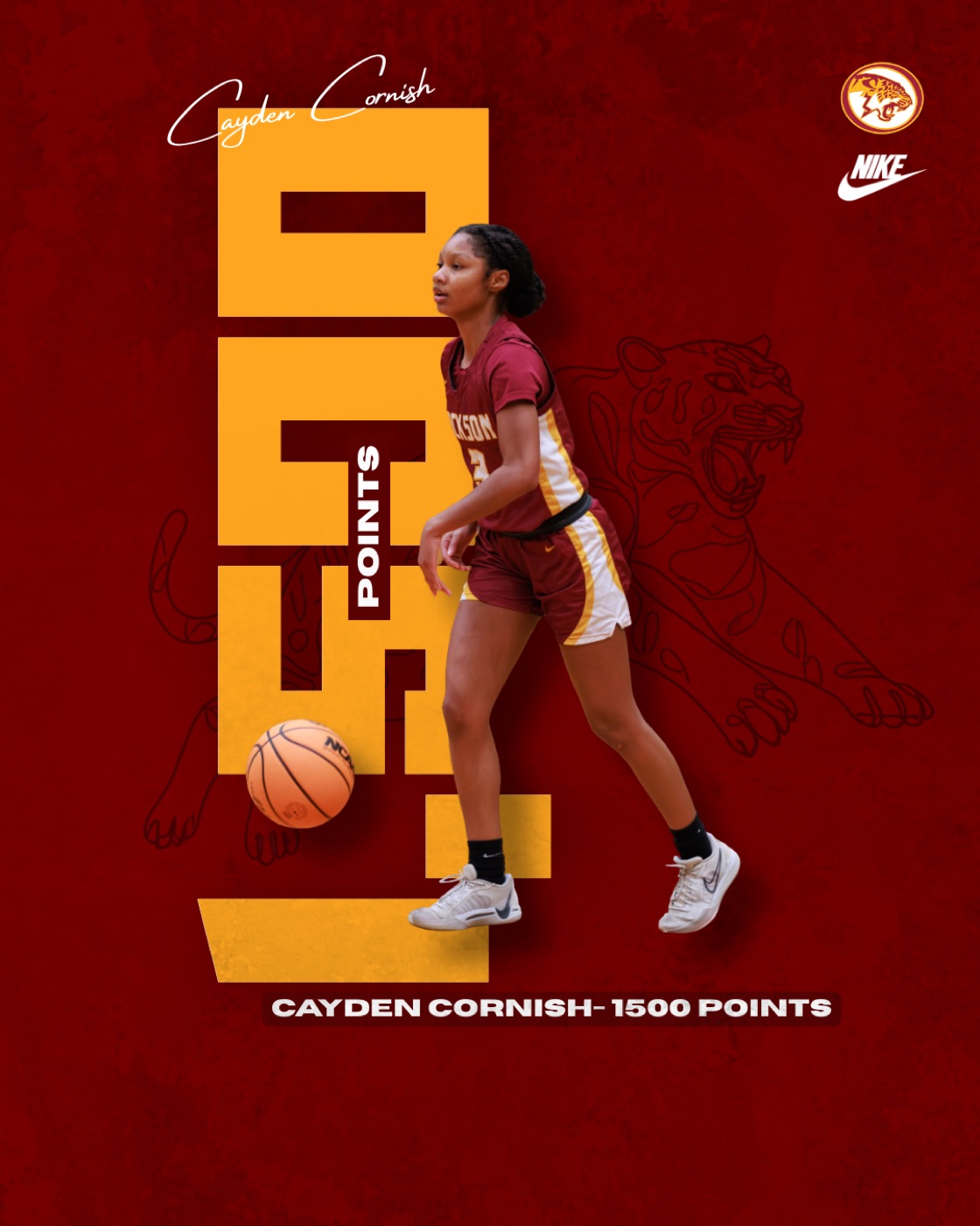 Cayden Cornish 1,500-point milestone graphic: giant gold numerals reading 1500 running down a deep maroon field, with Cayden cut out and dribbling through them, a white script signature above and a nameplate reading Cayden Cornish 1500 points below.